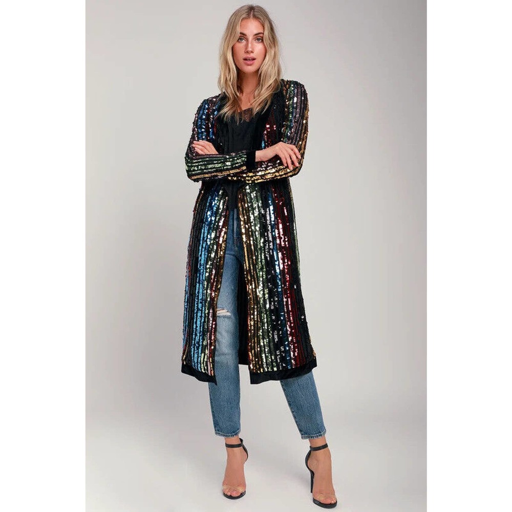 Lulu's Pretty Prismatic Rainbow Striped Sequin Midi Robe Dress TS Era's Style S - Picture 14 of 15